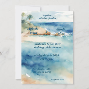 summer watercolor beach ocean blue wedding invitation