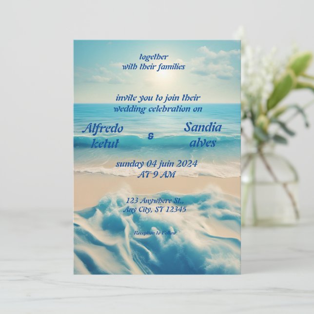 summer watercolor beach ocean blue wedding  invitation (Standing Front)