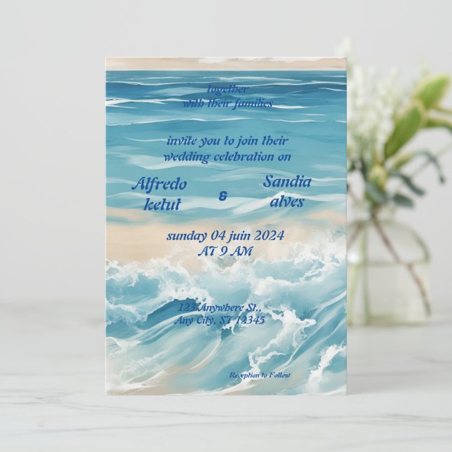 summer watercolor beach ocean blue wedding  invitation (Standing Front)
