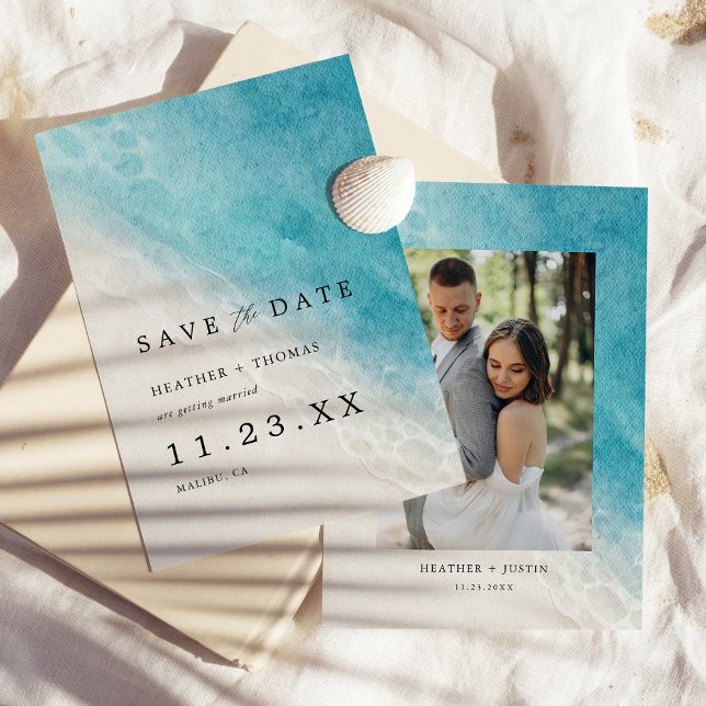 Summer Watercolor Beach Ocean Photo Save The Date (Creator Uploaded)
