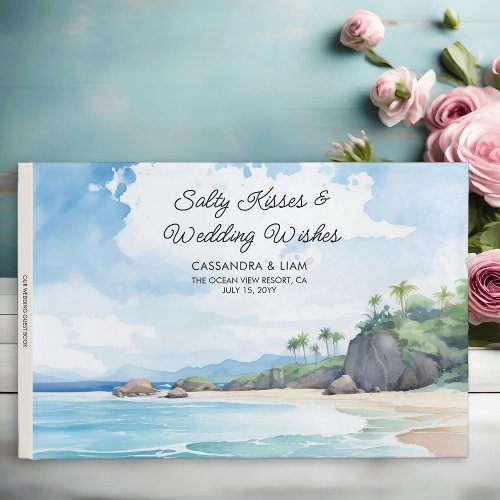 Summer Watercolor Beach Scene Custom Title Wedding Guest Book