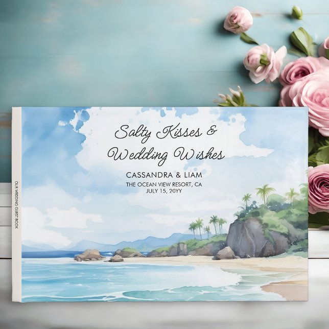 Summer Watercolor Beach Scene Custom Title Wedding Guest Book (Wedding Guest Book from the Summer Beach Wedding Collection by Darling & May)