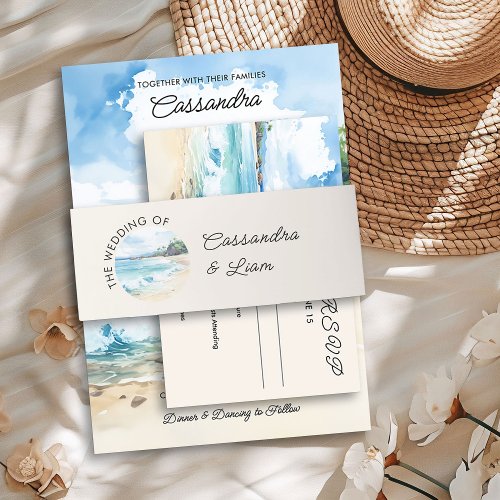 Summer Watercolor Beach Themed Wedding Invitation Belly Band