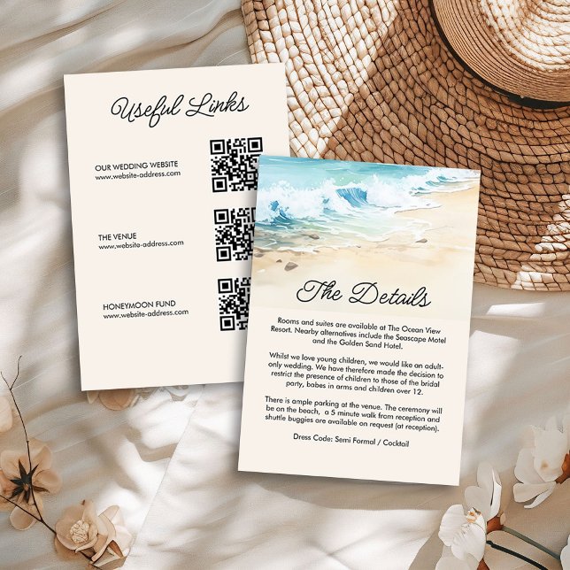 Summer Watercolor Beach Wedding Details QR Code Enclosure Card (Wedding Details enclosure cards from the Summer Beach Wedding Collection by Darling & May)
