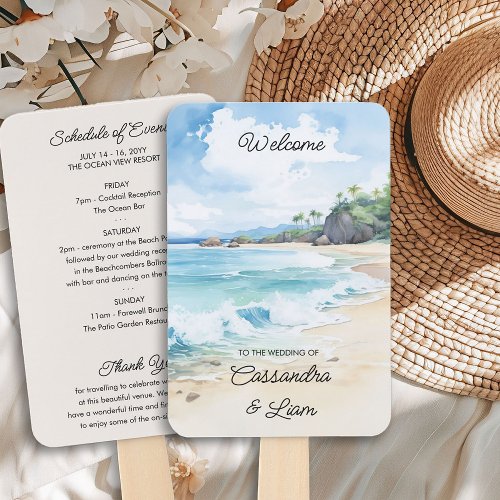 Summer Watercolor Beach Wedding Welcome Itinerary Hand Fan