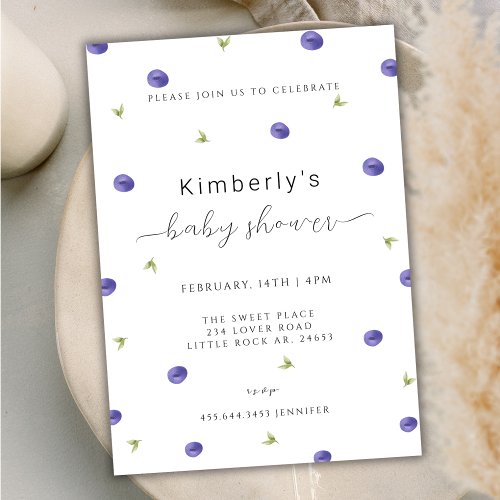 Summer Watercolor Blueberry Baby Shower Invitation