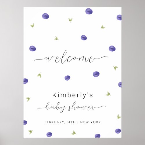 Summer Watercolor Blueberry Baby Shower Welcome Poster
