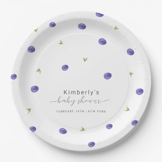 Summer Watercolor Blueberry Farm Baby Shower  Paper Plates (Front)