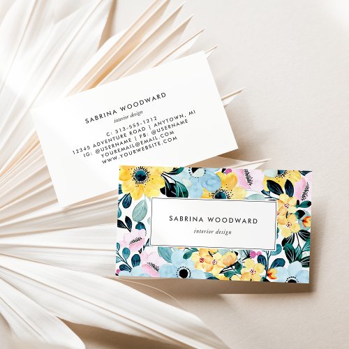 Summer Watercolor Botanical Print Yellow Blue Pink Business Card