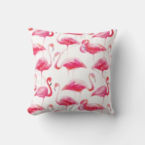 Summer Watercolor Bright Pink Flamingo Pattern Throw Pillow