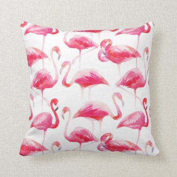 Summer Watercolor Bright Pink Flamingo Pattern Throw Pillow by KeikoPrints at Zazzle