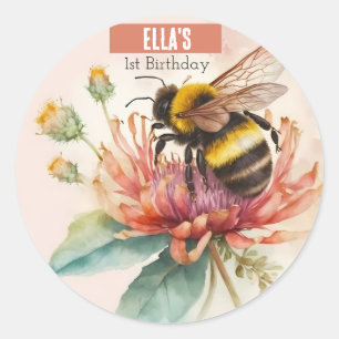 Summer Watercolor Bumblebee First Birthday Classic Round Sticker
