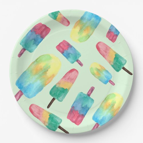 Summer Watercolor Colorful Popsicles Paper Plates