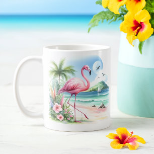 Summer Watercolor Flamingo on the beach  Coffee Mug