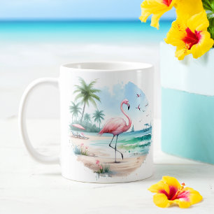 Summer Watercolor Flamingo on the beach Coffee Mug