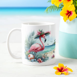 Summer Watercolor Flamingo on the beach Coffee Mug