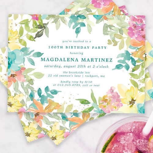 Summer Watercolor Floral 100th Birthday Party Invitation