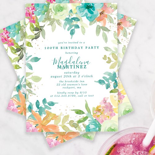 Summer Watercolor Floral 100th Birthday Party Invitation