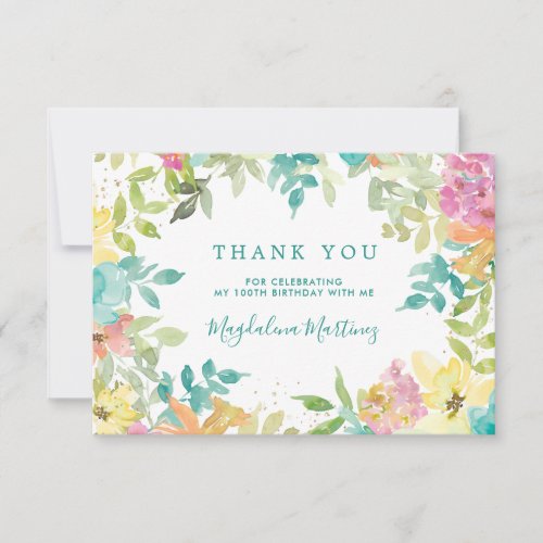 Summer Watercolor Floral 100th Birthday Thank You Card