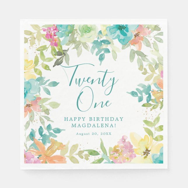 Summer Watercolor Floral 21st Birthday Custom Napkins (Front)