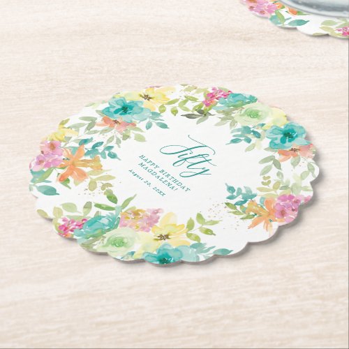 Summer Watercolor Floral 50th Birthday Party Paper Coaster