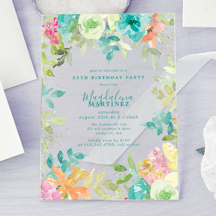 Summer Watercolor Floral 55th Birthday Clear Acrylic Invitations