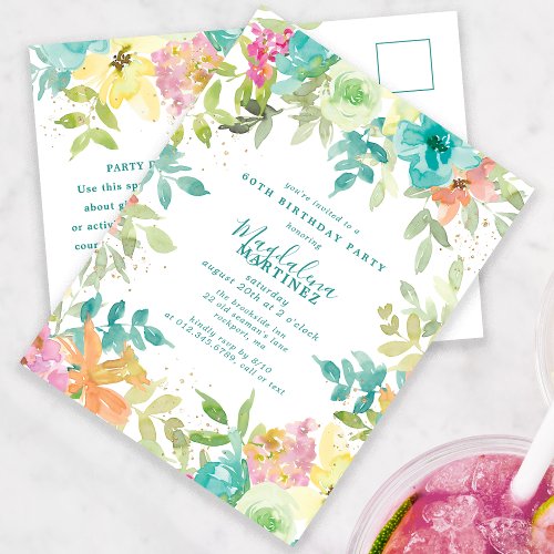 Summer Watercolor Floral 60th Birthday Invitation Postcard