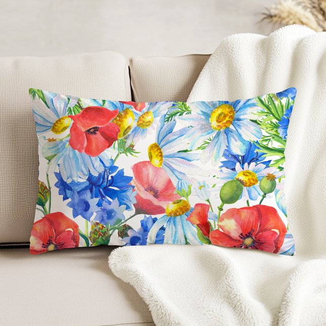 Summer Watercolor Floral Blue Red Yellow Accent Pillow (Creator Uploaded)