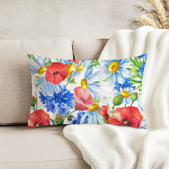 Summer Watercolor Floral Blue Red Yellow Accent Pillow (Creator Uploaded)