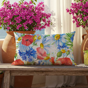 Summer Watercolor Floral Blue Red Yellow Lumbar Pillow