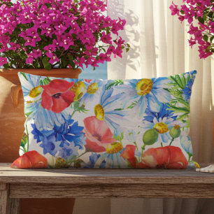 Summer Watercolor Floral Blue Red Yellow Outdoor Lumbar Pillow