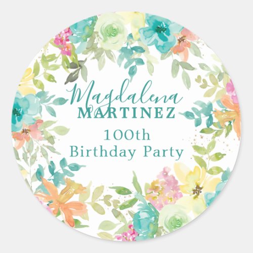 Summer Watercolor Floral Custom 100th Birthday  Classic Round Sticker