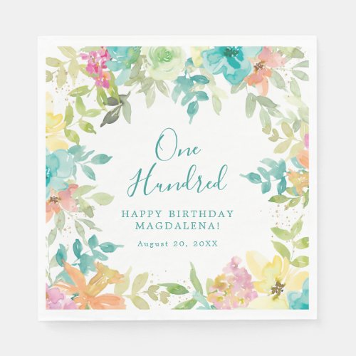 Summer Watercolor Floral Custom 100th Birthday Napkins