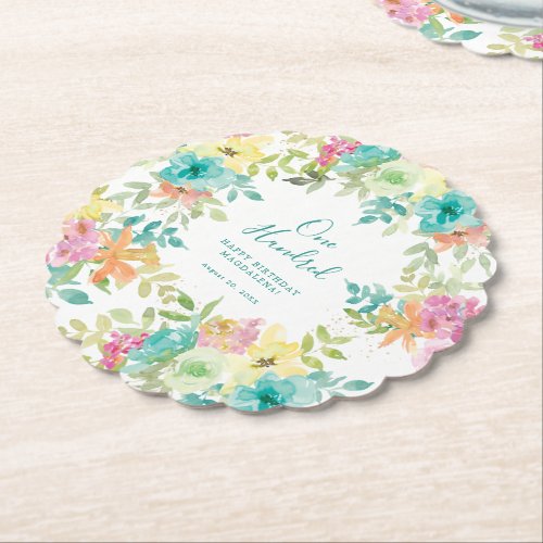 Summer Watercolor Floral Custom 100th Birthday Paper Coaster