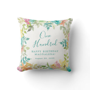 Summer Watercolor Floral Custom 100th Birthday Throw Pillow