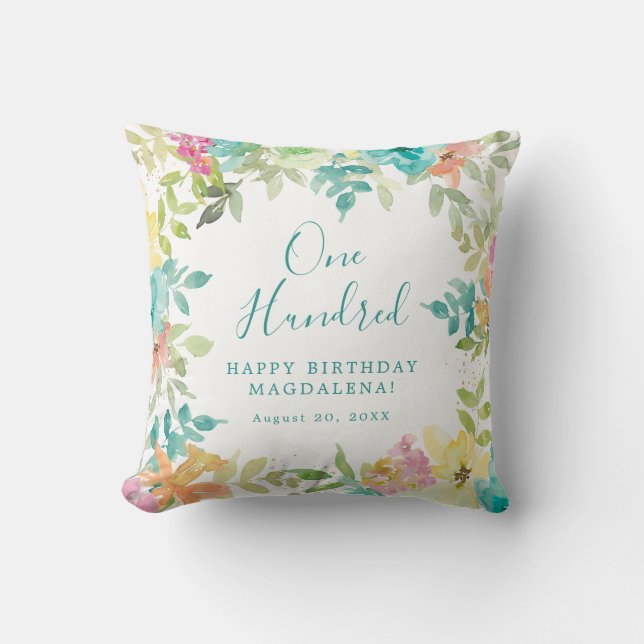 Summer Watercolor Floral Custom 100th Birthday Throw Pillow (Front)
