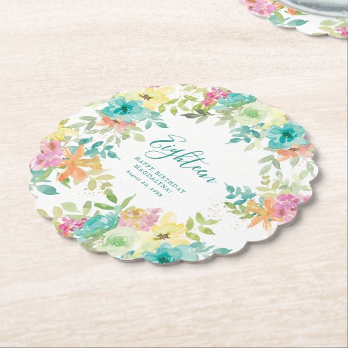 Summer Watercolor Floral Custom 18th Birthday Paper Coaster