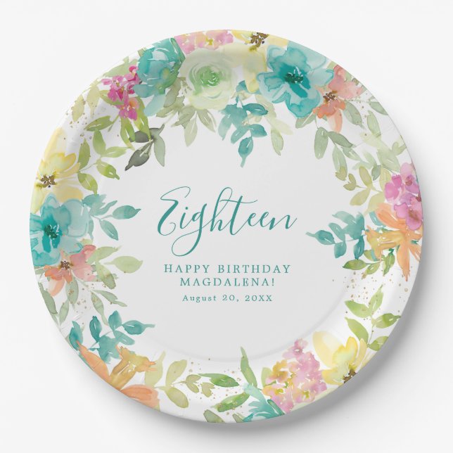 Summer Watercolor Floral Custom 18th Birthday Paper Plates (Front)