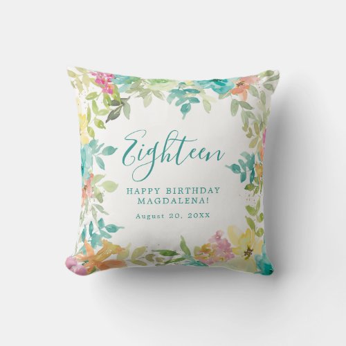 Summer Watercolor Floral Custom 18th Birthday Throw Pillow