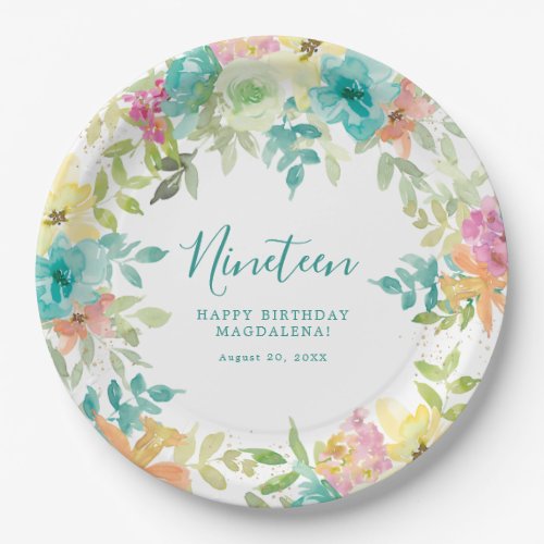Summer Watercolor Floral Custom 19th Birthday Paper Plates