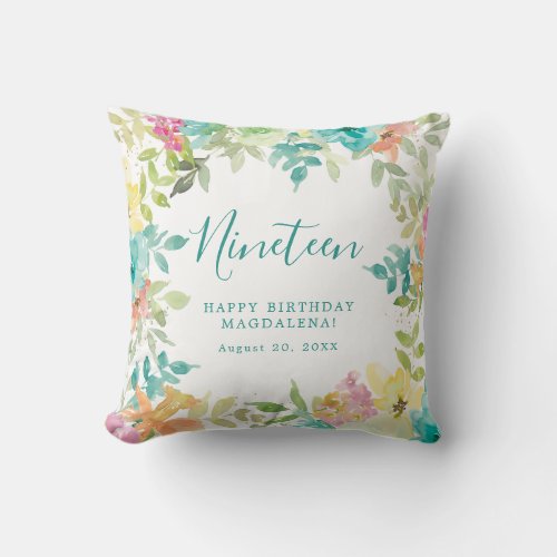 Summer Watercolor Floral Custom 19th Birthday Throw Pillow