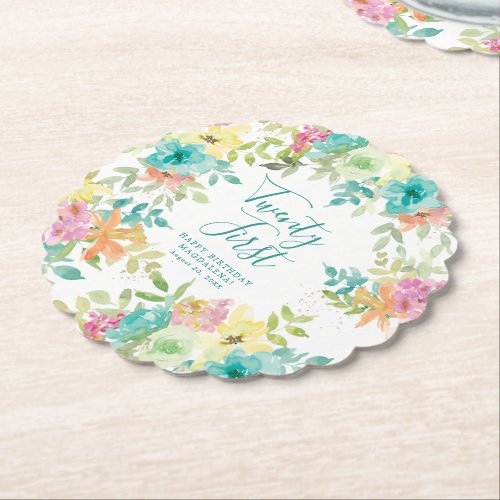 Summer Watercolor Floral Custom 21st Birthday Paper Coaster
