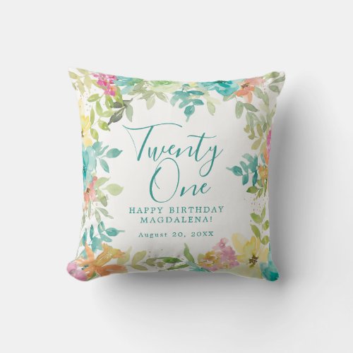 Summer Watercolor Floral Custom 21st Birthday Throw Pillow