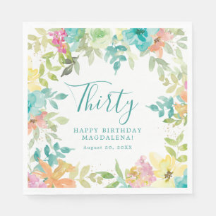Summer Watercolor Floral Custom 30th Birthday Napkins