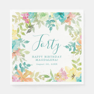 Summer Watercolor Floral Custom 40th Birthday Napkins