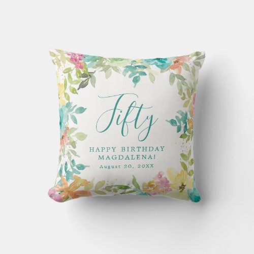 Summer Watercolor Floral Custom 50th Birthday Throw Pillow