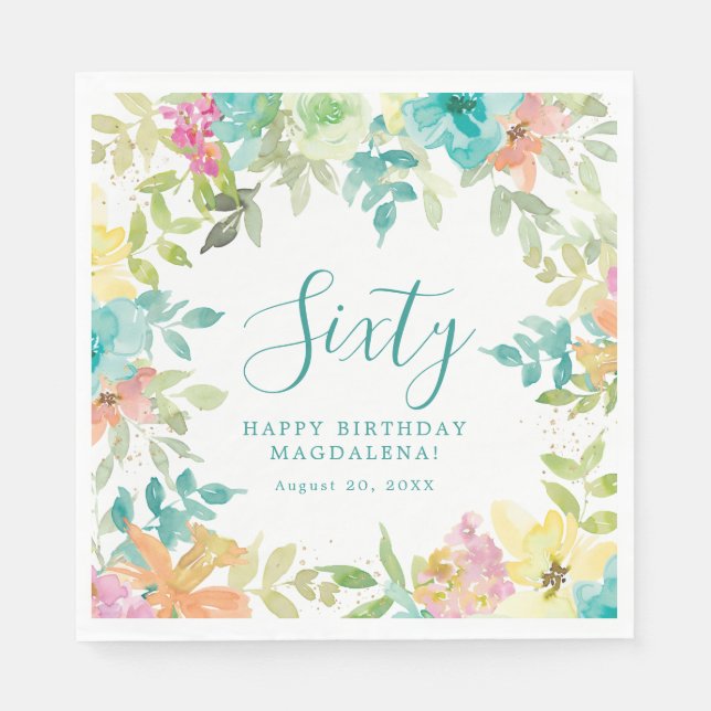 Summer Watercolor Floral Custom 60th Birthday Napkins (Front)