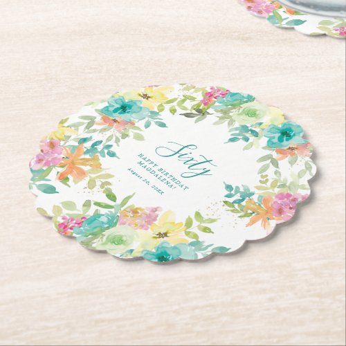 Summer Watercolor Floral Custom 60th Birthday Paper Coaster