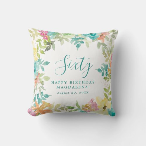 Summer Watercolor Floral Custom 60th Birthday Throw Pillow