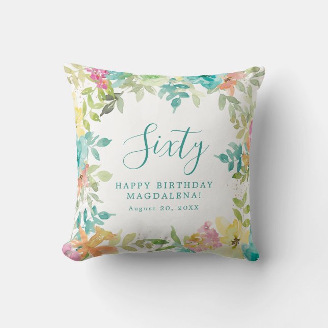Summer Watercolor Floral Custom 60th Birthday Throw Pillow (Front)